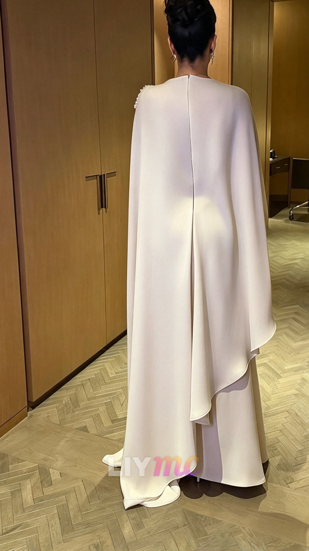 Embroidered Cape Evening Gown with Waist Cutout