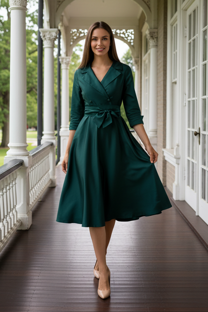 Wrap-Front A-Line Midi Dress with Tie-Belt Waist
