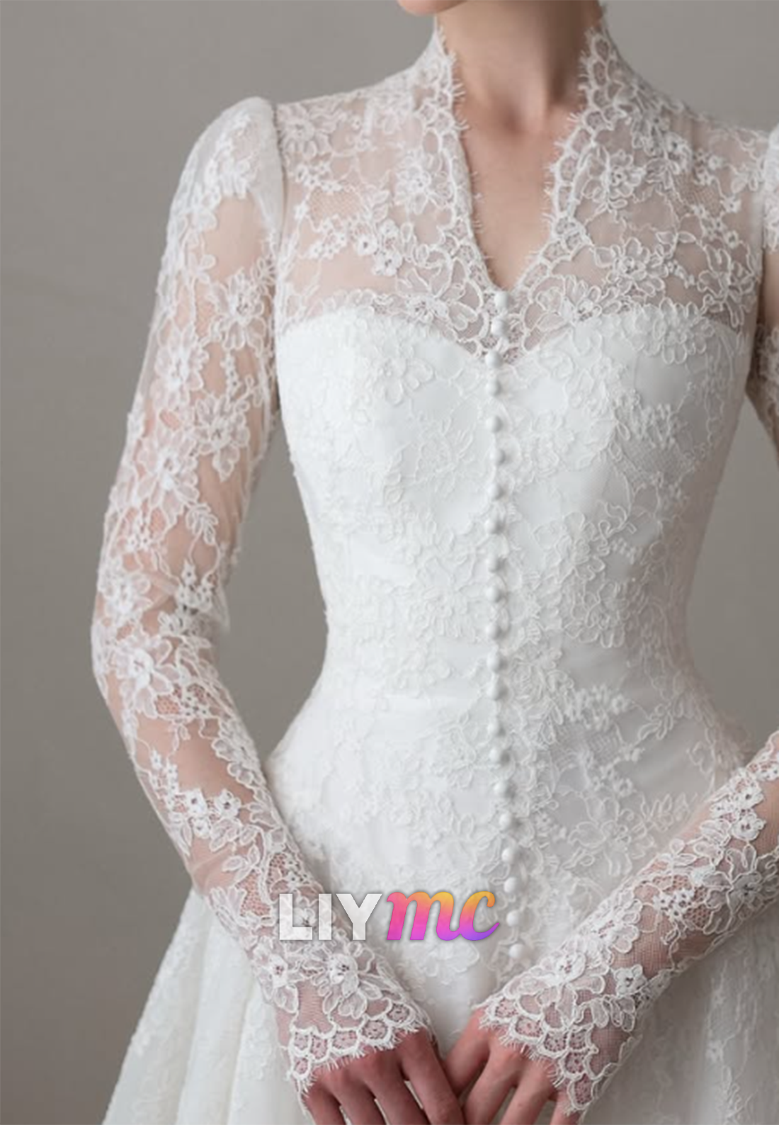 Lace Long-Sleeve Wedding Dress with High Collar
