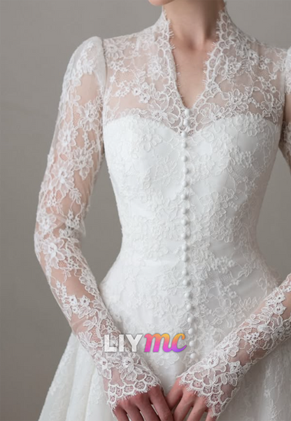 Lace Long-Sleeve Wedding Dress with High Collar