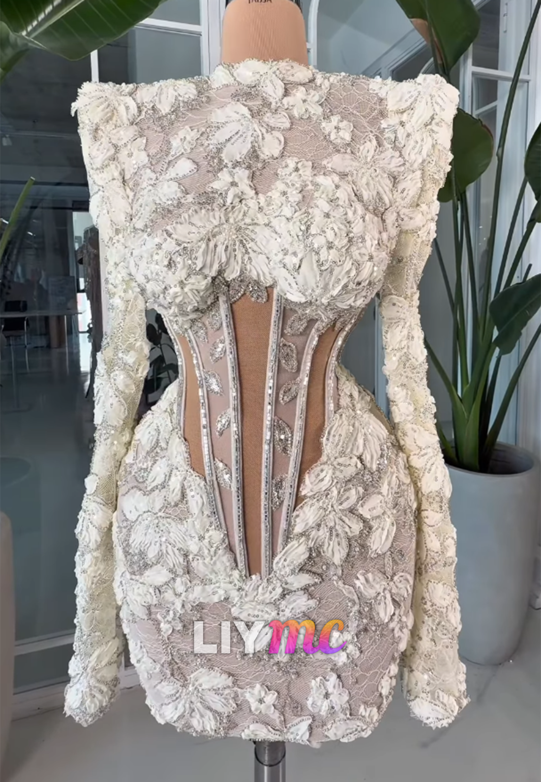 3D Floral Beaded Corset Gown with Long Sleeves
