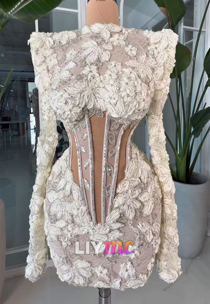 3D Floral Beaded Corset Gown with Long Sleeves