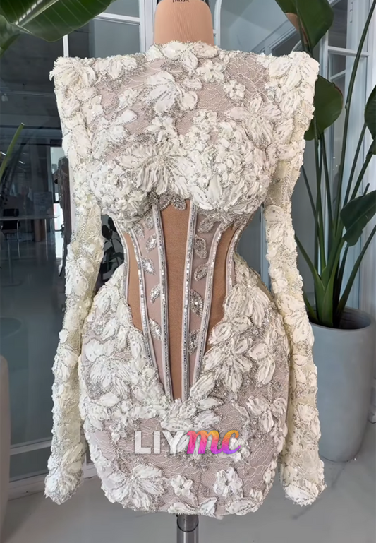 3D Floral Beaded Corset Gown with Long Sleeves
