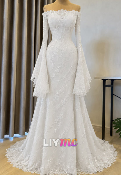 Off-the-Shoulder Bell Sleeve Lace Wedding Dress