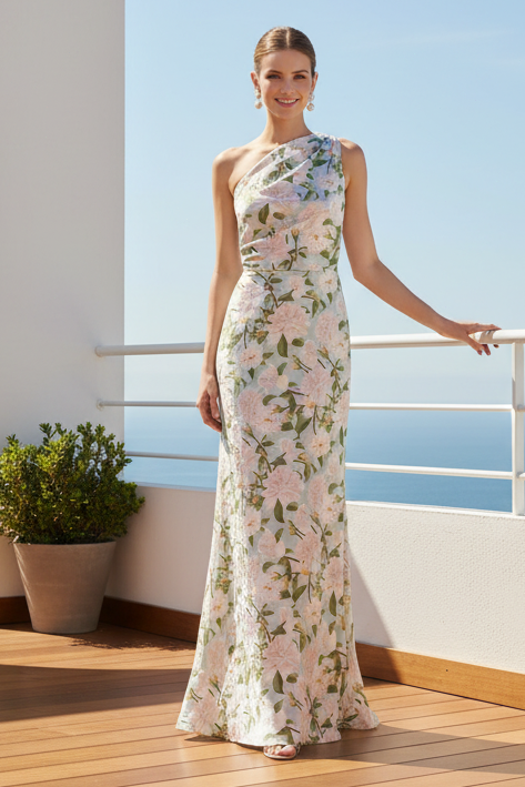 One-Shoulder Floral Satin Column Gown