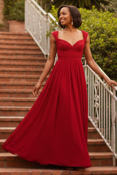 Pleated Sweetheart Chiffon Evening Gown with Cap Sleeves