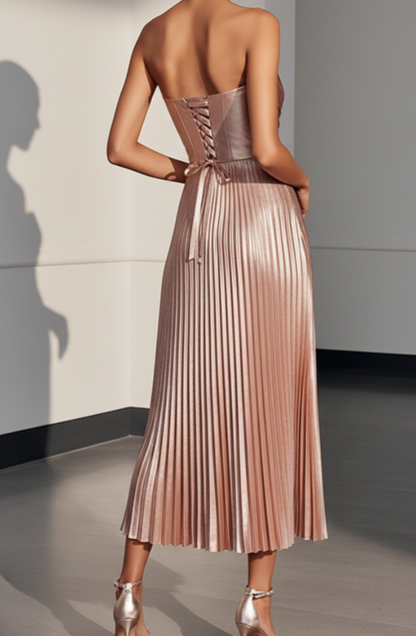 Strapless Pleated Metallic Midi Dress
