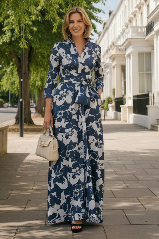 Floral Print A-Line Maxi Shirt Dress with Sash