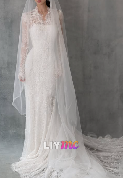 Lace High Neck Mermaid Wedding Dress with Train