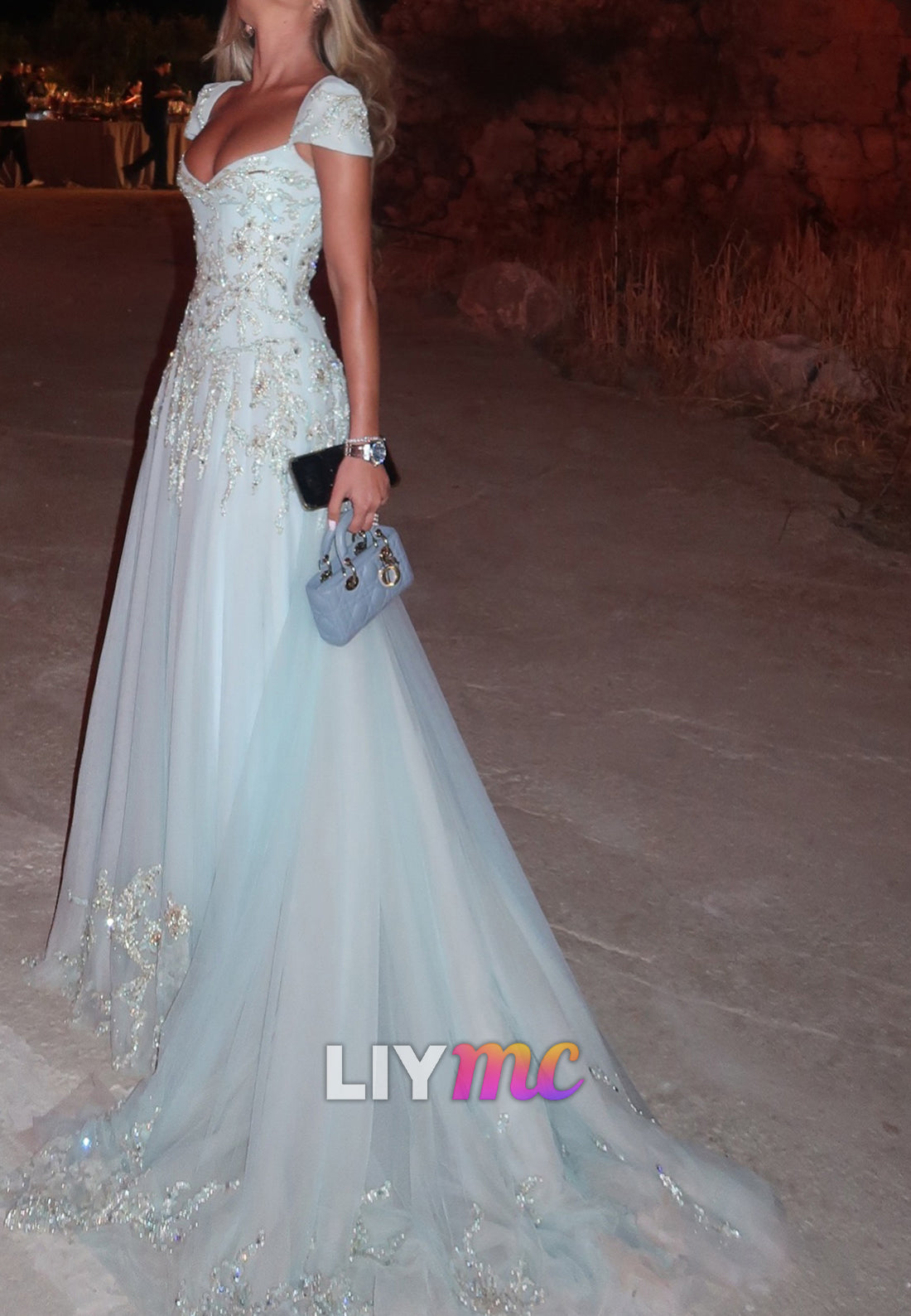 Beaded Tulle A-Line Evening Gown with Cap Sleeves