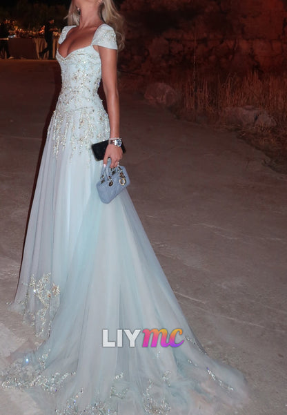 Beaded Tulle A-Line Evening Gown with Cap Sleeves