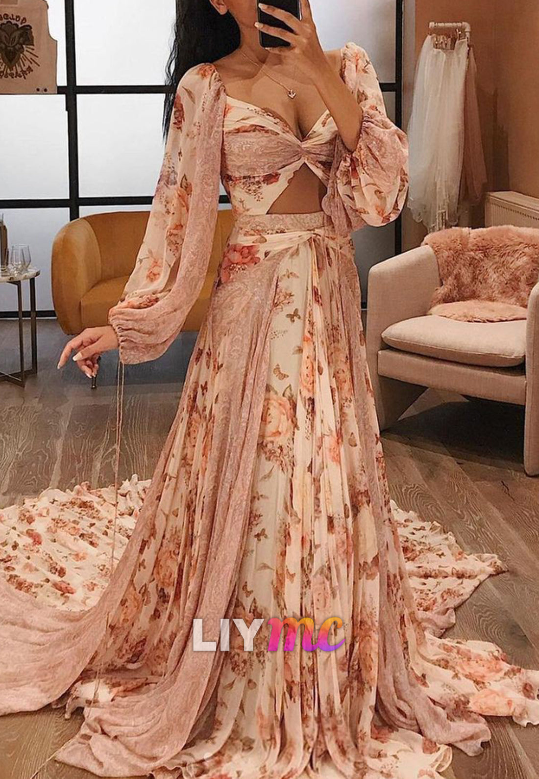 Floral Off-Shoulder Chiffon Wedding Dress