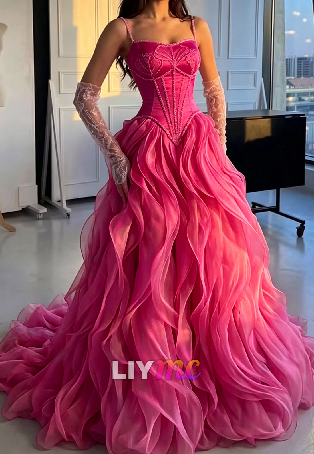 Corset Ball Gown with Cascading Ruffle Skirt