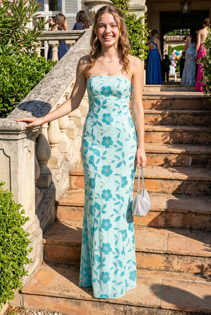 Strapless Floral Sequin Column Gown