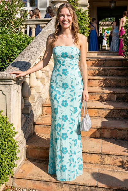 Strapless Floral Sequin Column Gown