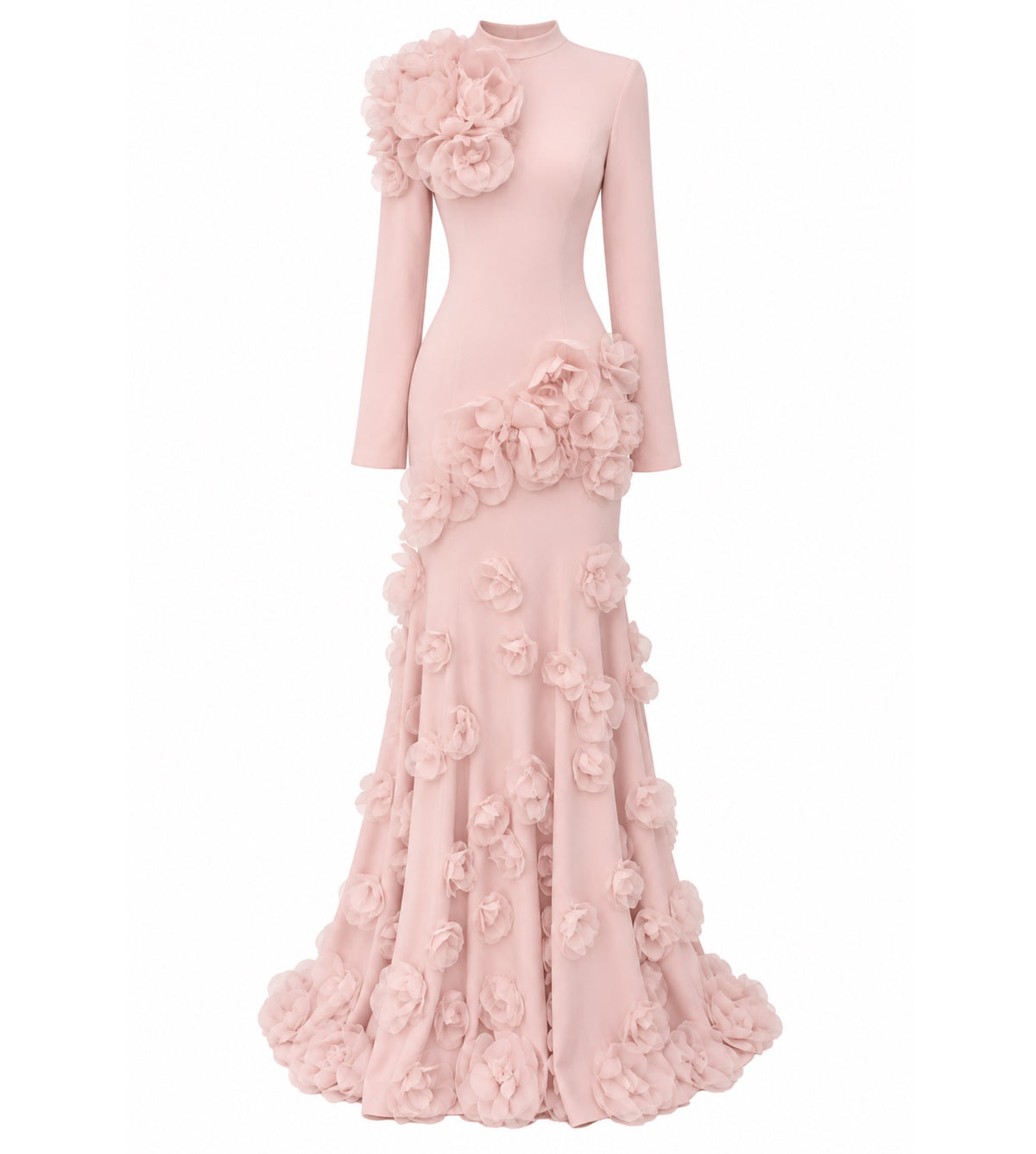 High Neck Floral Applique Trumpet Gown with Sleeves