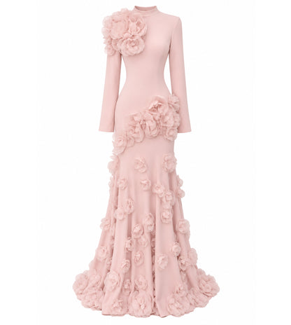 High Neck Floral Applique Trumpet Gown with Sleeves