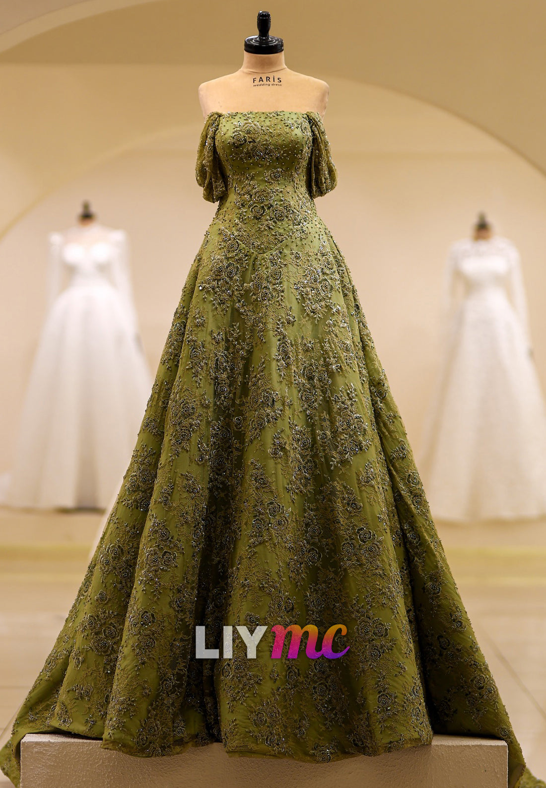 Beaded Floral Embroidery Ball Gown with Off Shoulder