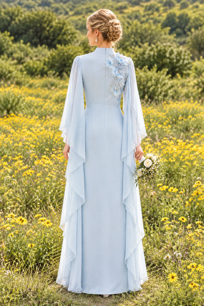 Embellished Cape Sleeve High Neck Evening Gown