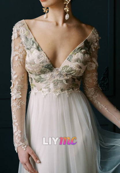 Floral Lace A-Line Wedding Dress with Illusion Sleeves