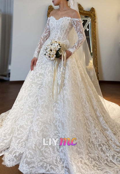 Off-the-Shoulder Lace Ball Gown Wedding Dress