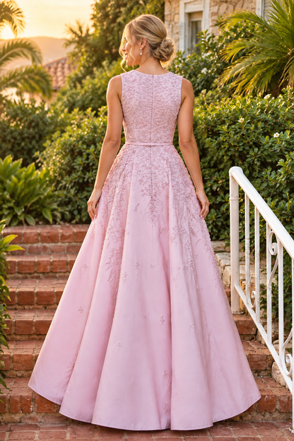 Embroidered A-Line Gown with Bow Belt