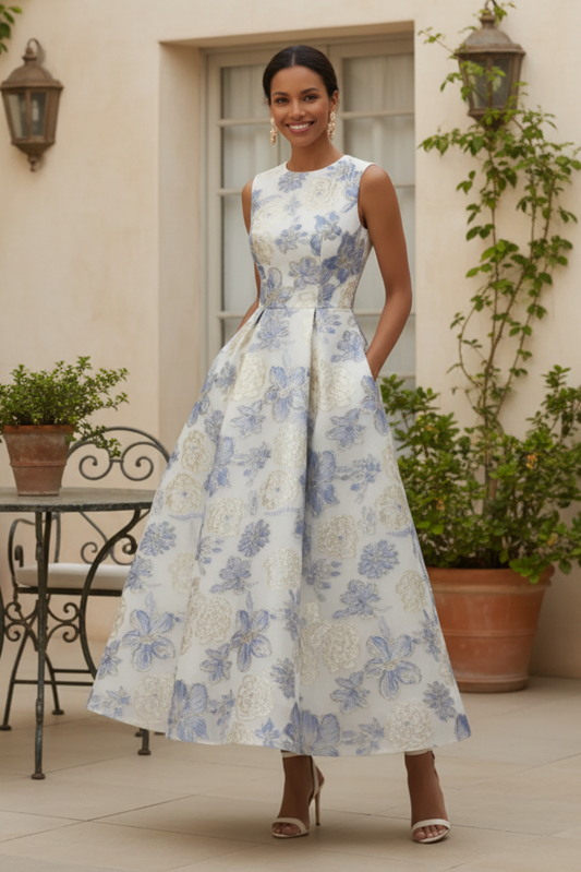 Sleeveless Floral Jacquard Midi A-Line Dress