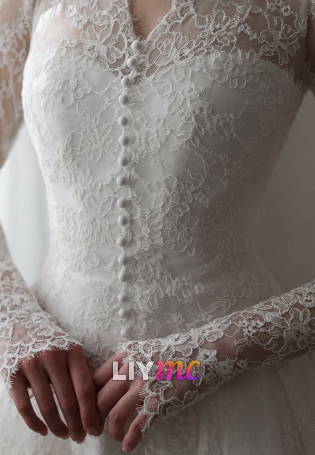 Lace Long-Sleeve Wedding Dress with High Collar