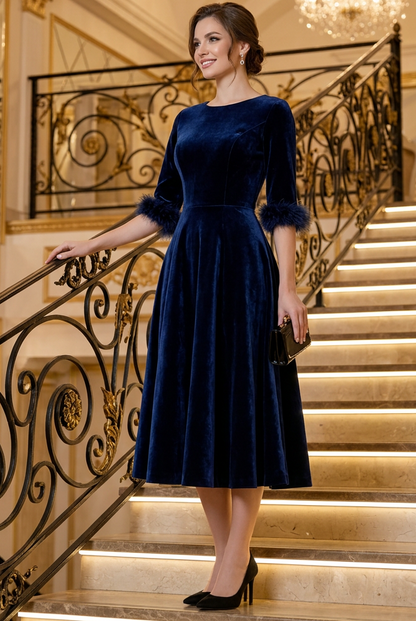 Velvet A-Line Midi Dress with Feather Cuffs