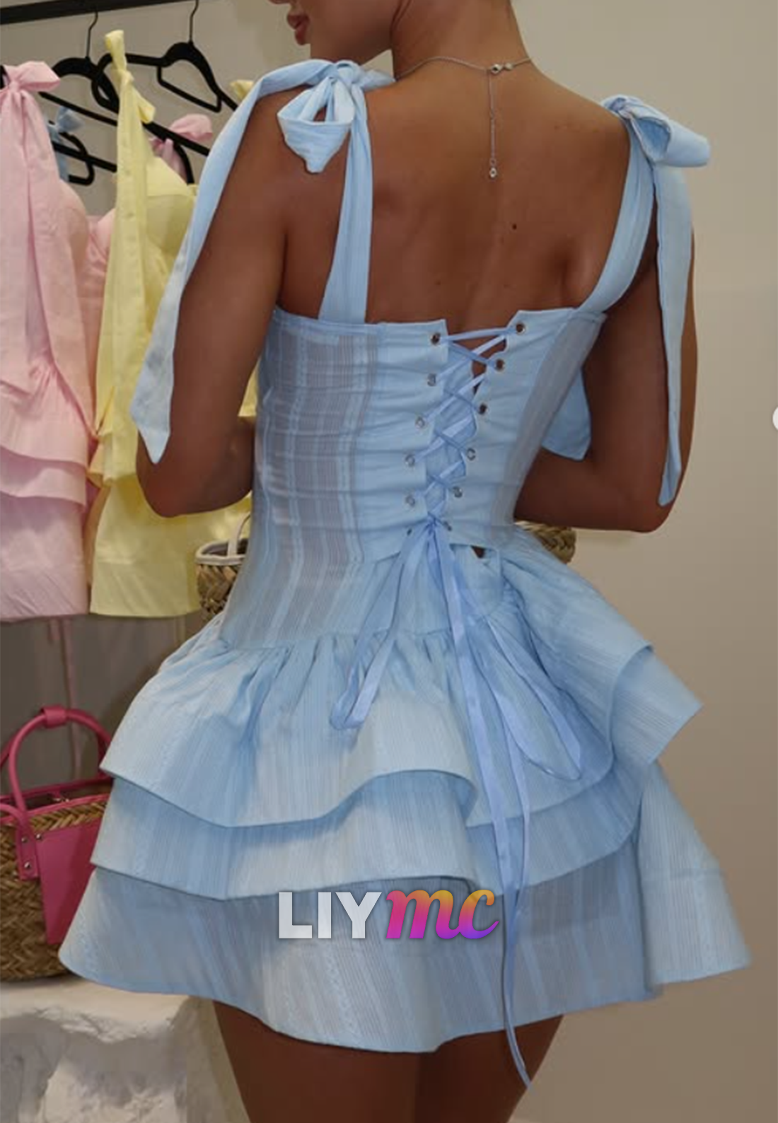 Tiered Ruffle Corset Mini Dress with Tie Straps