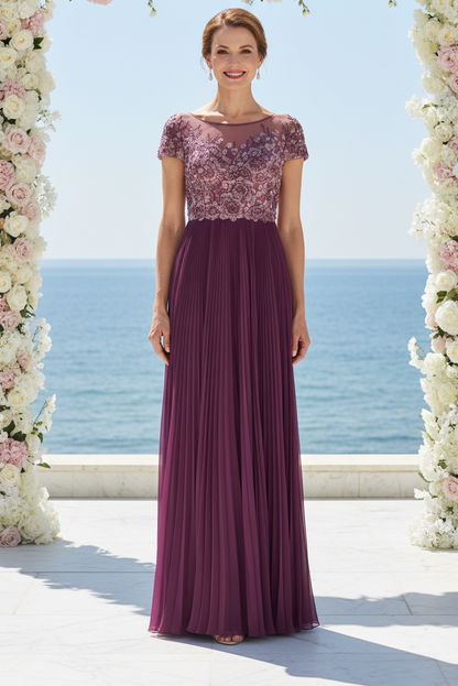 Floral Applique Pleated Floor-Length Gown