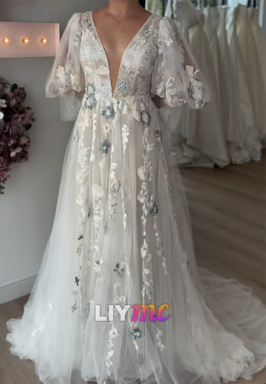 Floral Embroidered Plunging V-Neck A-Line Gown