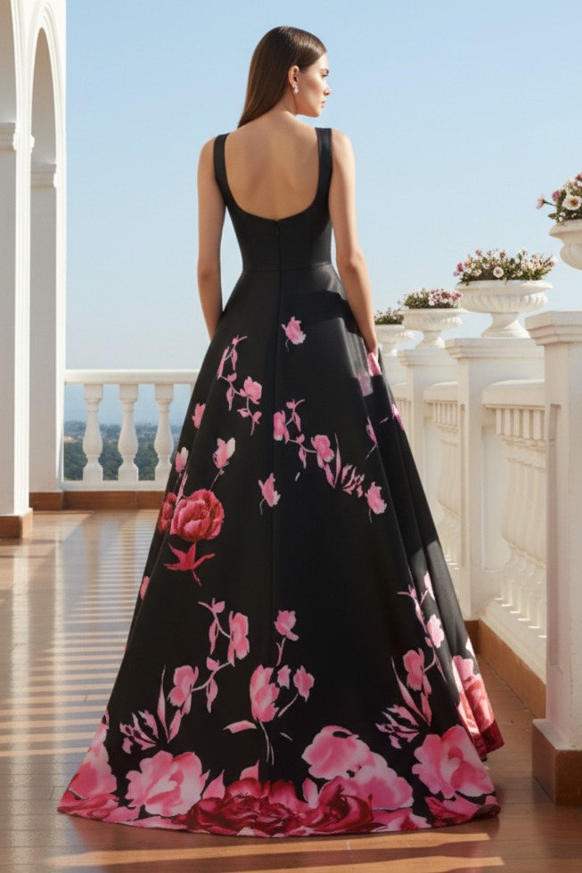 Square Neck Floral Satin A-Line Evening Gown with Pockets