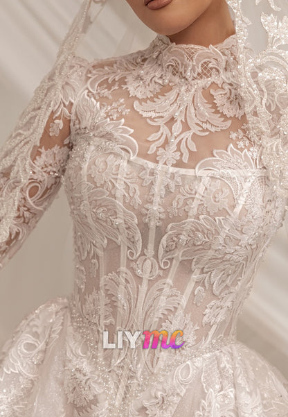 High Neck Lace Long Sleeve Wedding Dress with Overskirt