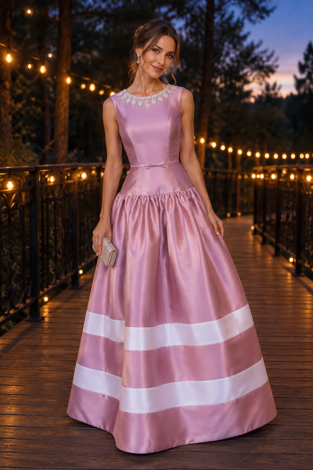 Drop Waist Ball Gown with Pearl Neckline & Bow