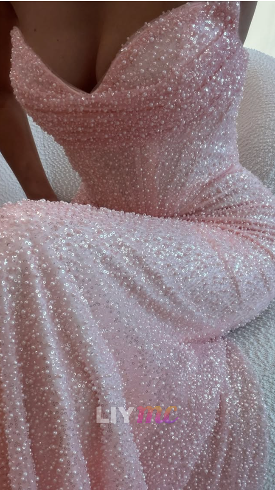Strapless Beaded Pearl Corset Gown