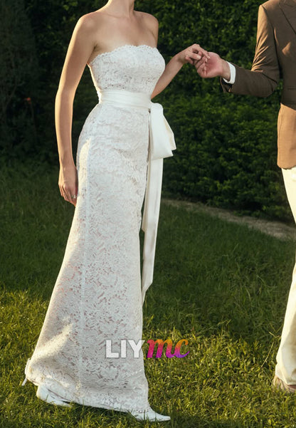 Strapless Lace Column Wedding Dress with Sash
