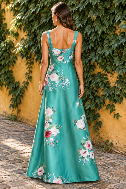 Floral Print Satin A-Line Gown with Scoop Neck