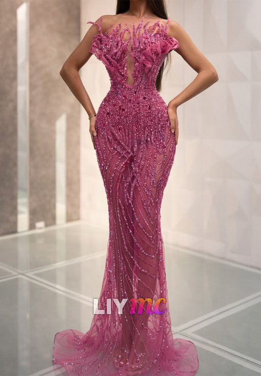 Beaded Illusion Plunge Mermaid Gown with Ruffles