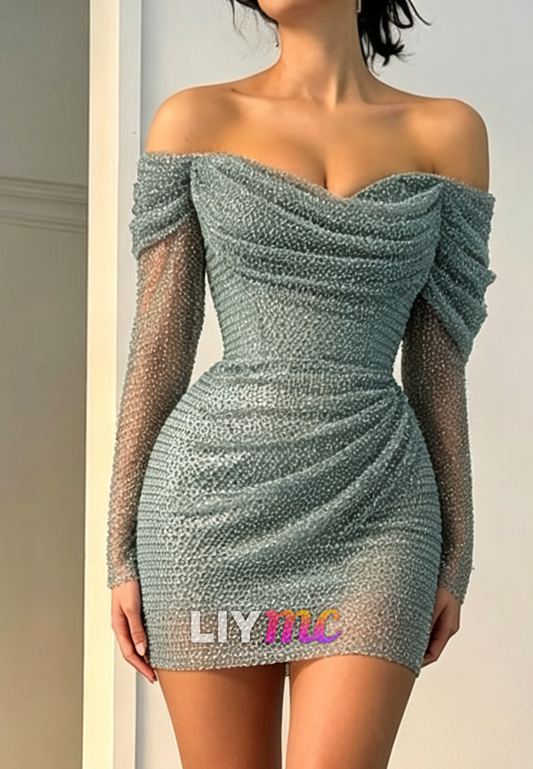 Ruched Off-the-Shoulder Beaded Long Sleeve Mini Dress