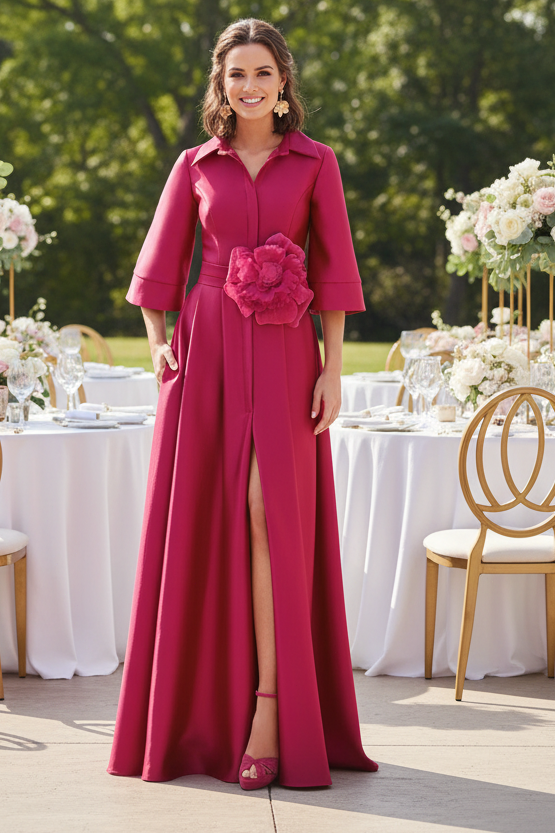 Collared A-Line Maxi Gown with 3D Floral Accent