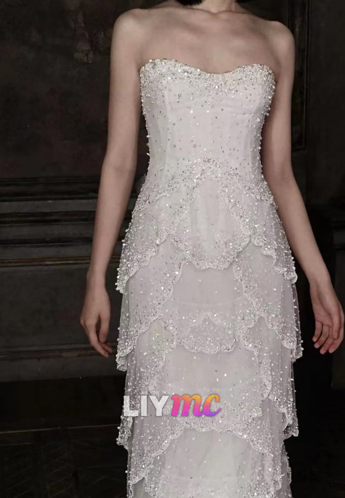 Strapless Tiered Beaded Tulle Wedding Dress
