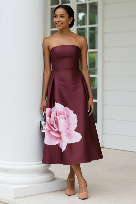 Strapless Floral Print Satin Tea-Length Dress