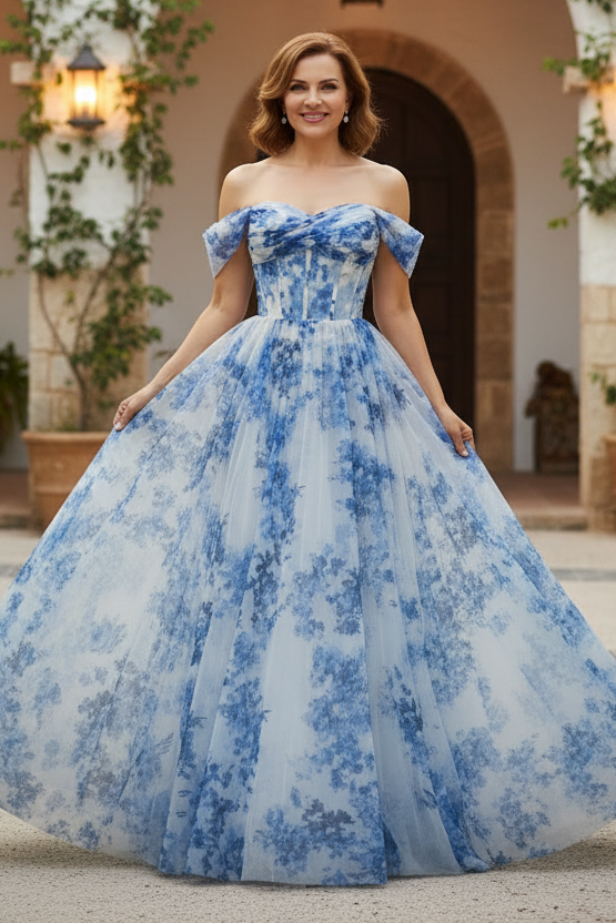 Off-Shoulder Floral Corset Tulle Evening Dress