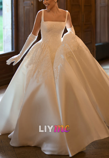 Square Neck Lace Applique Satin Ball Gown Wedding Dress