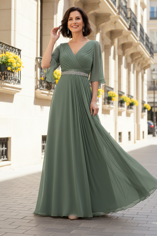 A-Line Pleated Chiffon Evening Gown with Flutter Sleeves
