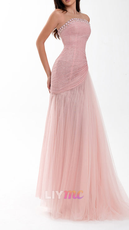 Beaded Trim Ruched Drop-Waist Tulle Gown