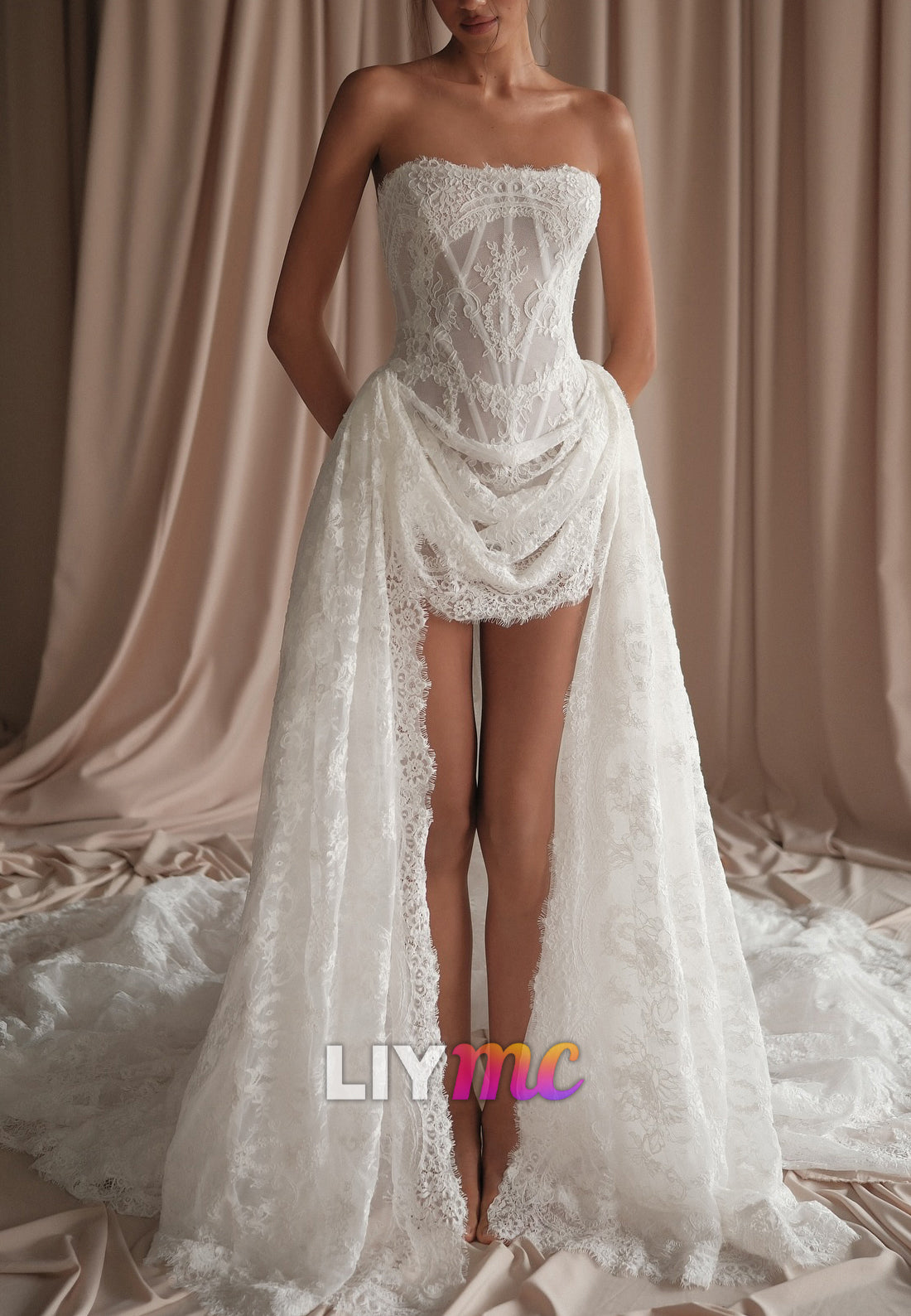 Strapless Lace Corset Wedding Dress with Train