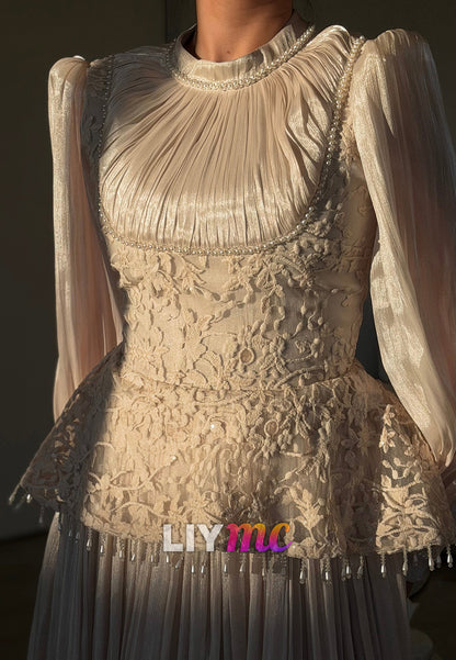 Pleated Peplum Gown with Long Bishop Sleeves