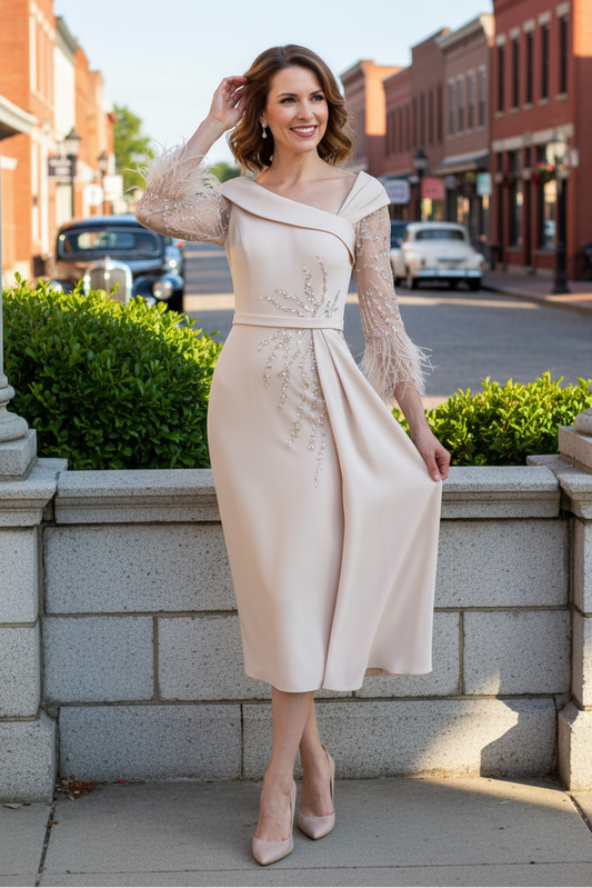 Asymmetrical Beaded Midi Dress with Feather Cuffs